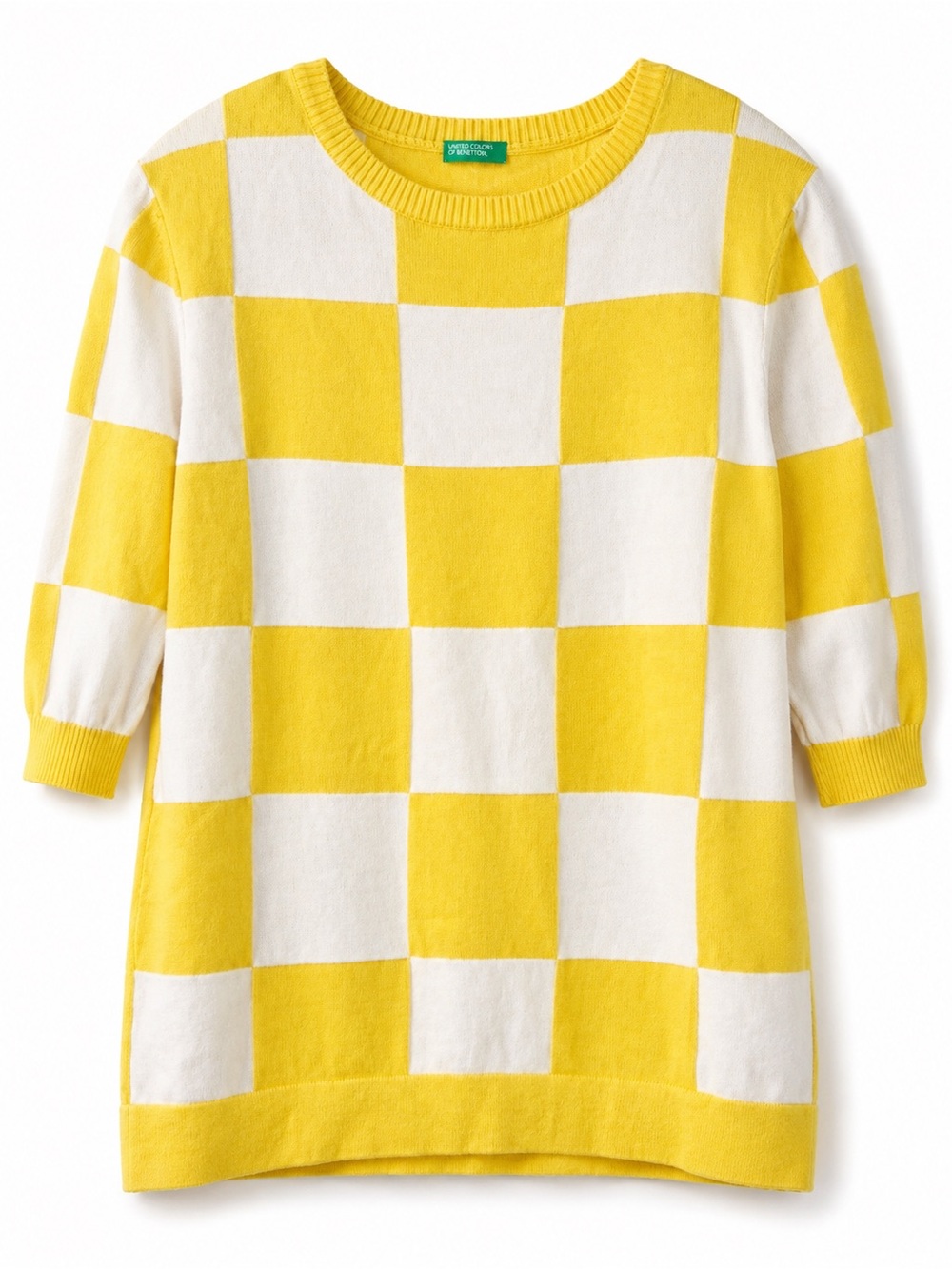 Vintage United Colors of Benetton Yellow & White Checkered Sweater – Size Medium